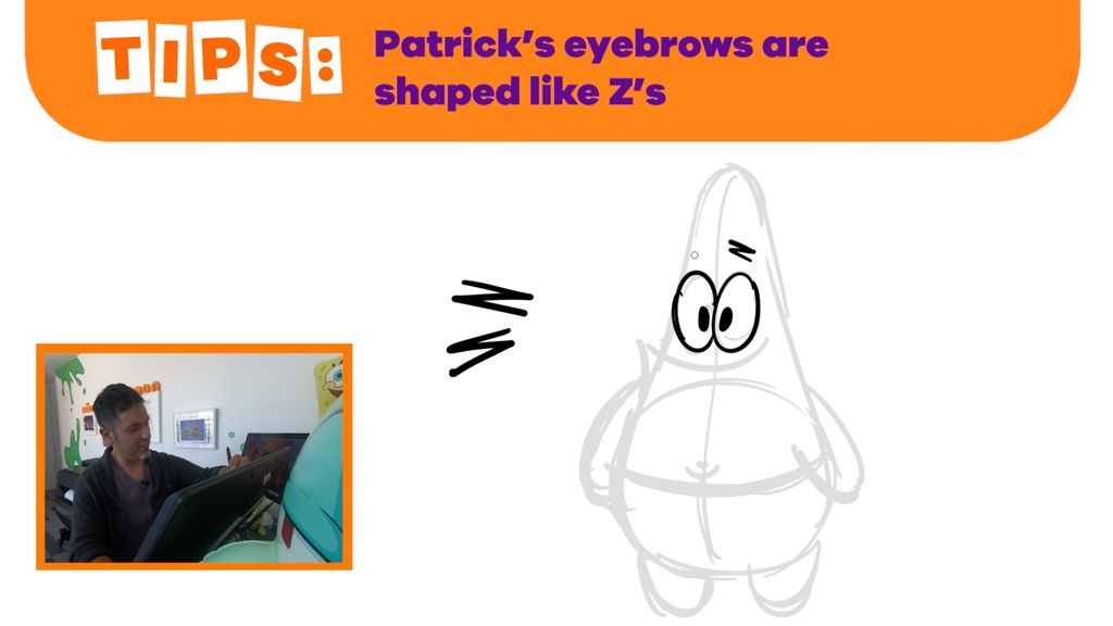 Animator draws Patrick Star on a drawing tablet. On-screen tip reads: Patrick's eyebrows are shaped like Z's.