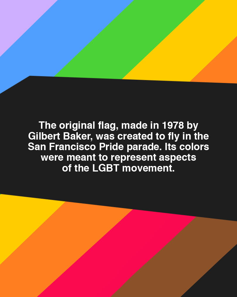 Happy Pride! The original pride flag was created by Gilbert Baker in 1978. Each color represents a different aspect of the LGBT movement.