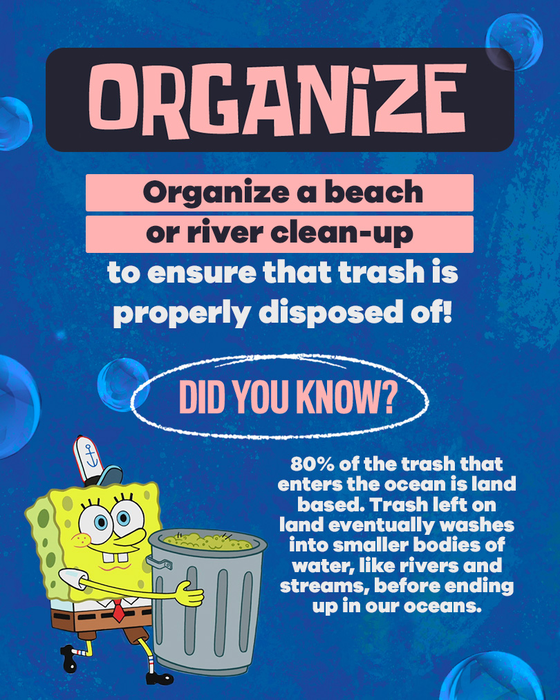 O is for Organize! Organize a beach or river clean-up to ensure that trash is properly disposed of. Did you know? 80% of the ocean is land based. Trash left on land eventually washes into smaller bodies of water and ends up in our oceans.