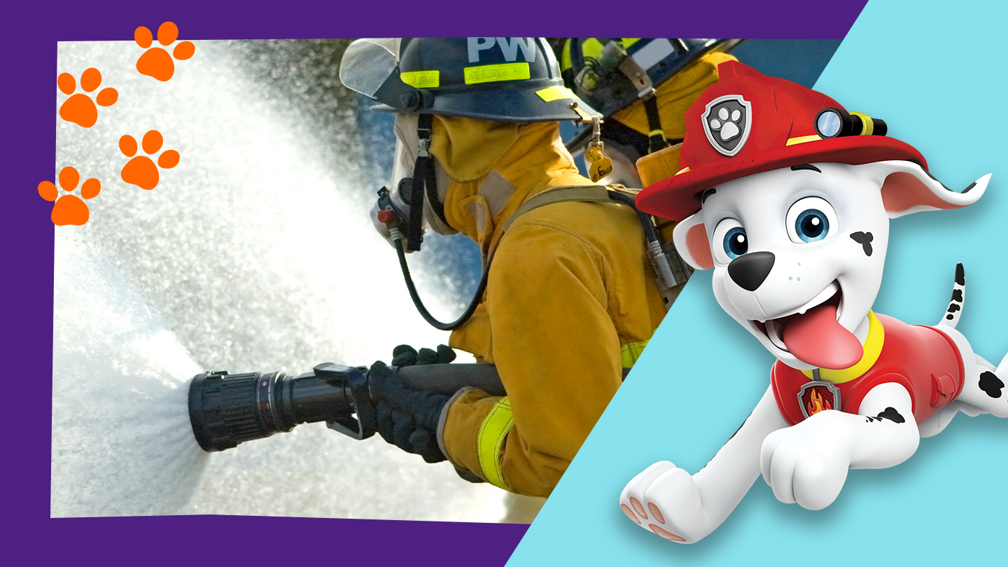 Marshall from PAW Patrol alongside firefighters operating firehoses.