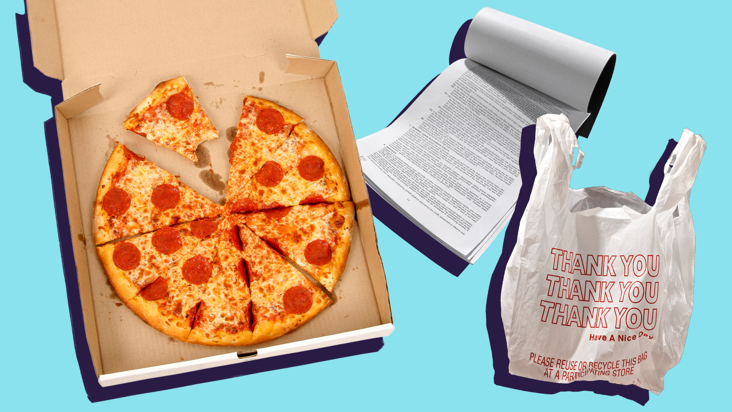 image of pizza in a pizza box, papers and plastic bag