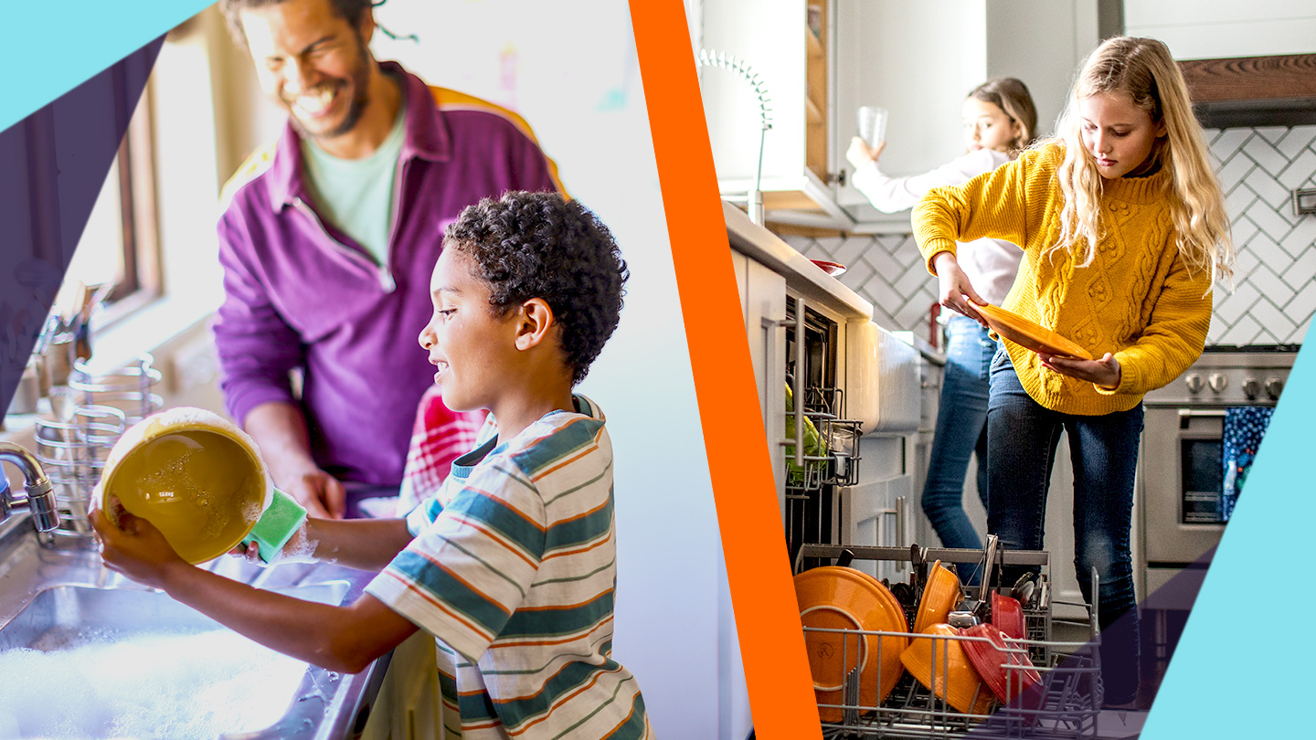 kids washing dishes by hand and loading into dishwasher in kitchen